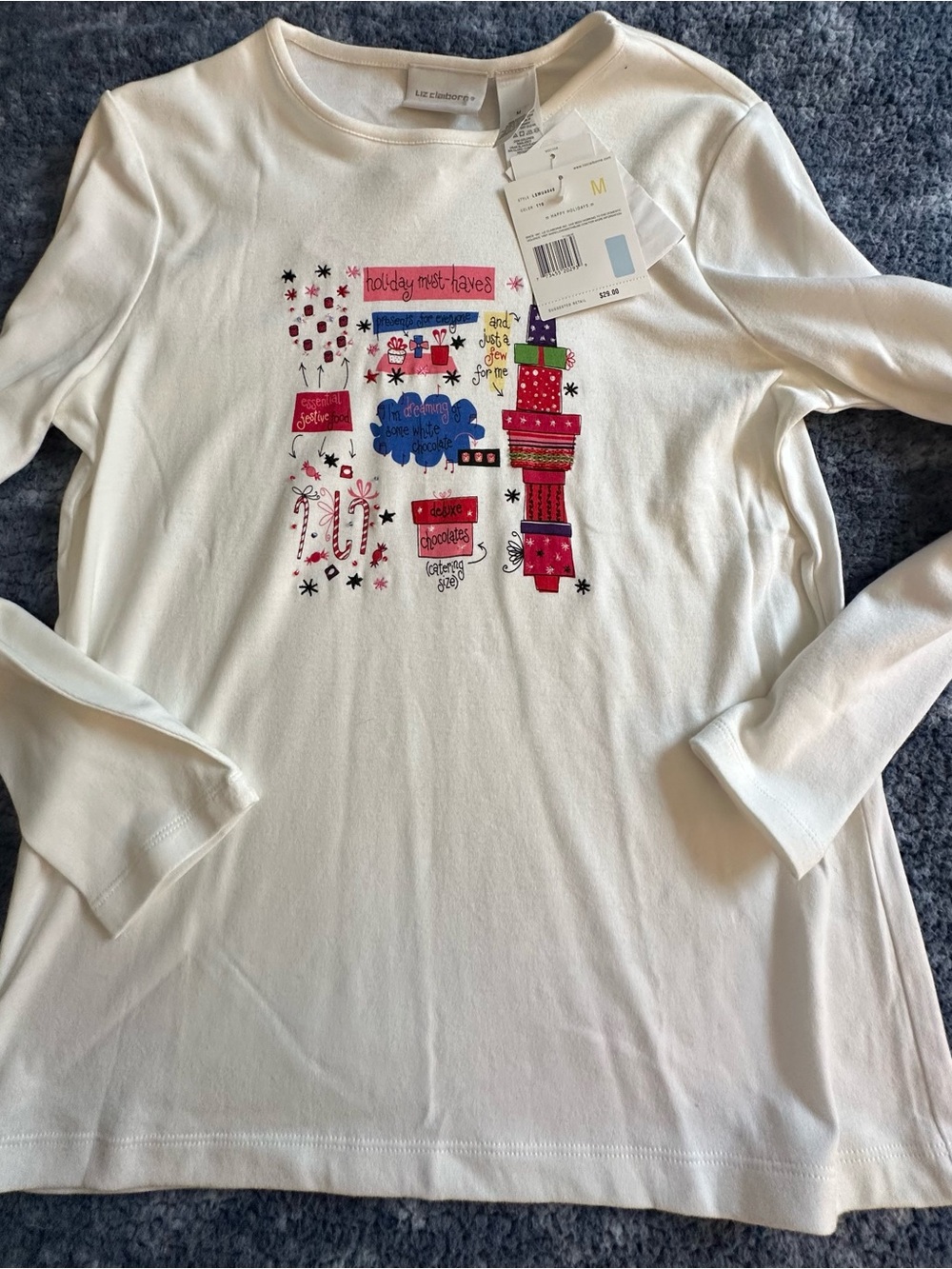 Vintage Liz Claiborne White Long-Sleeve Holiday Graphic Tee